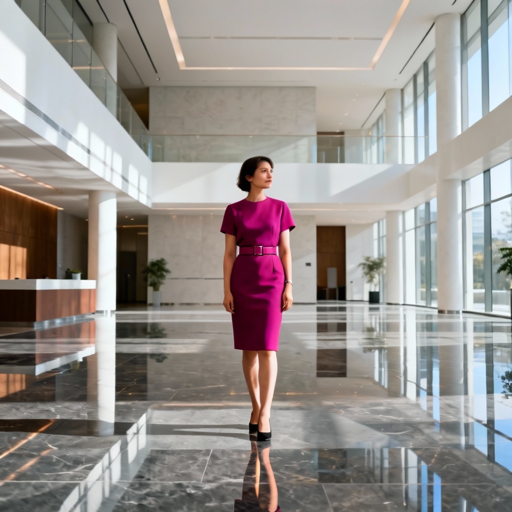 AI magenta sheath dress in modern lobby