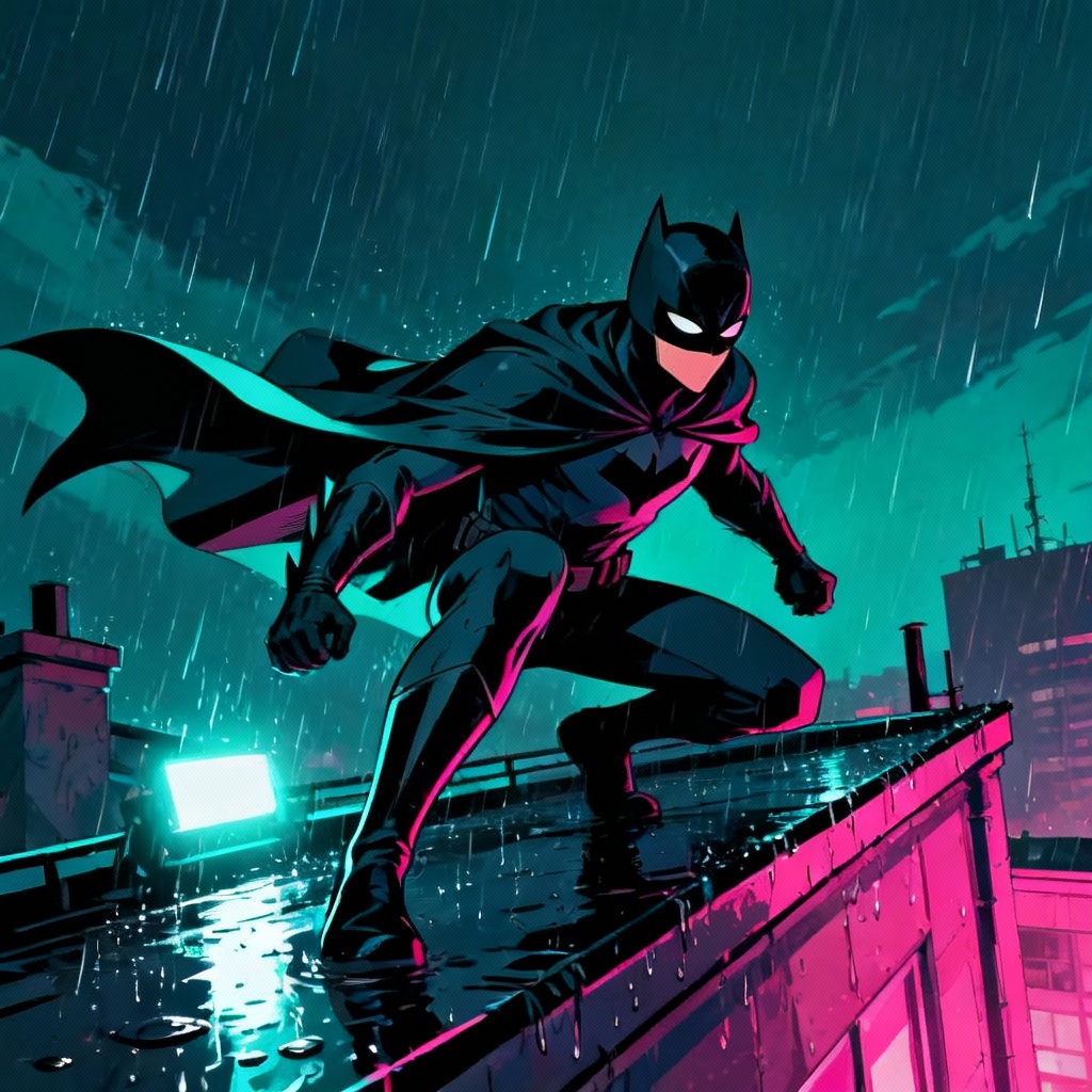AI MHA stealth hero on rainy rooftop at night