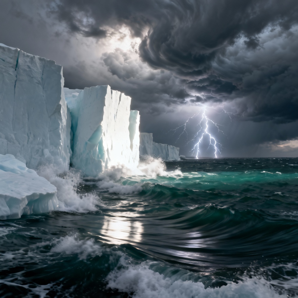 AI stormy cold ocean with large icebergs and lightning