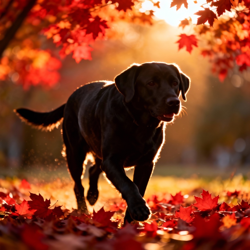 AI realistic black labrador in autumn leaves