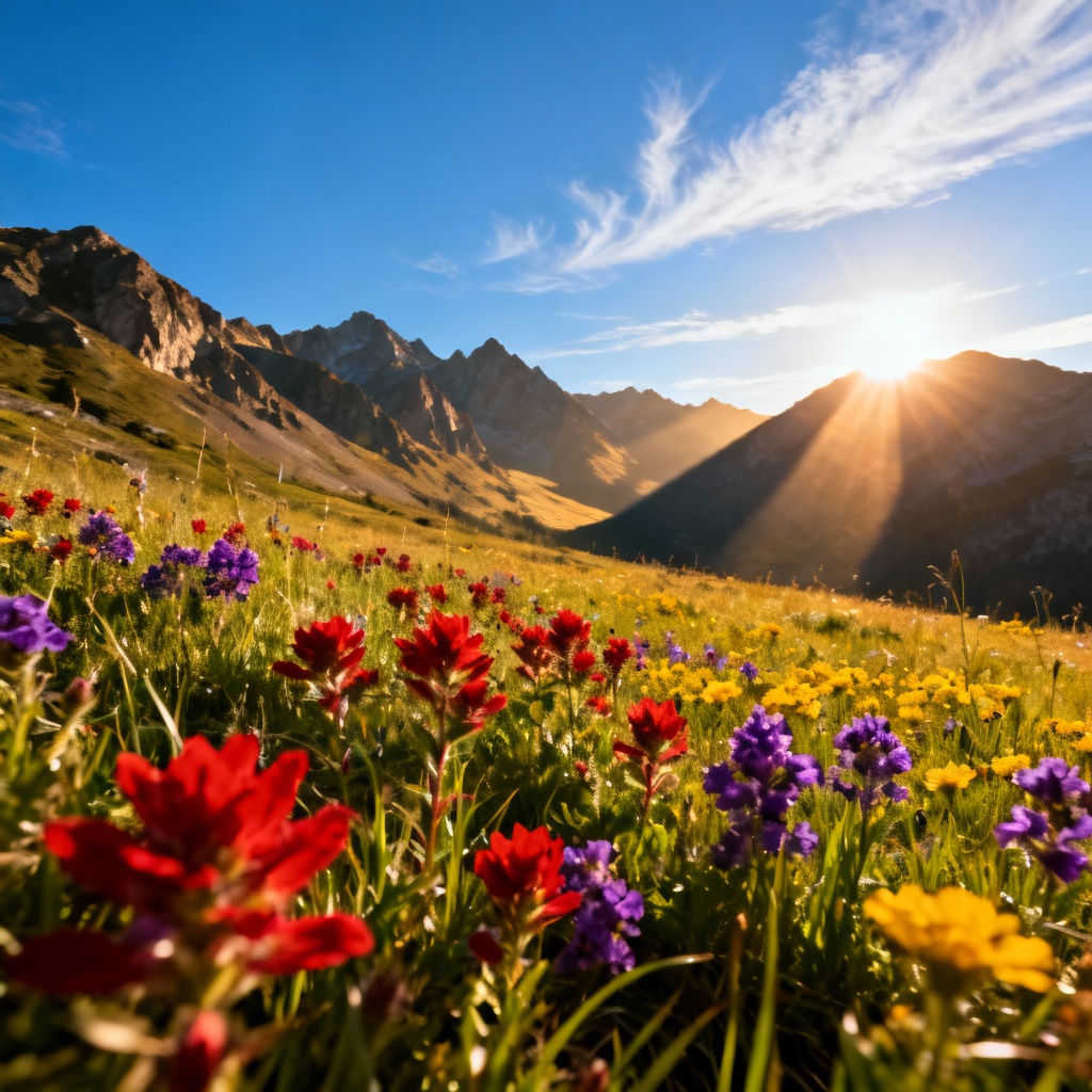 AI sunny mountain meadow landscape