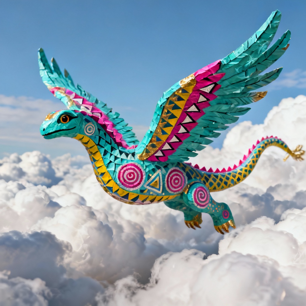 Feathered serpent alebrije in bright turquoise and magenta