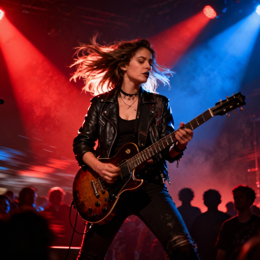 AI rock frontwoman on stage with guitar