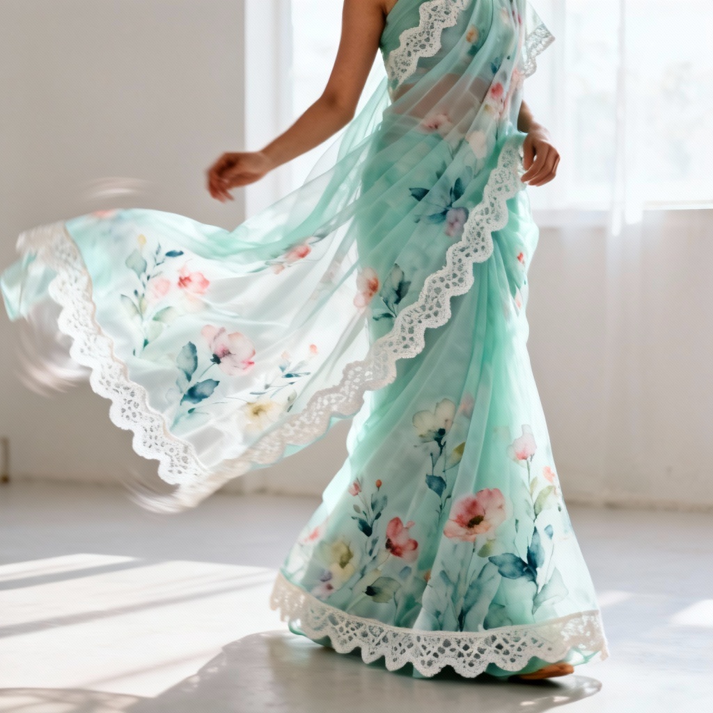 AI organza floral saree with lace border