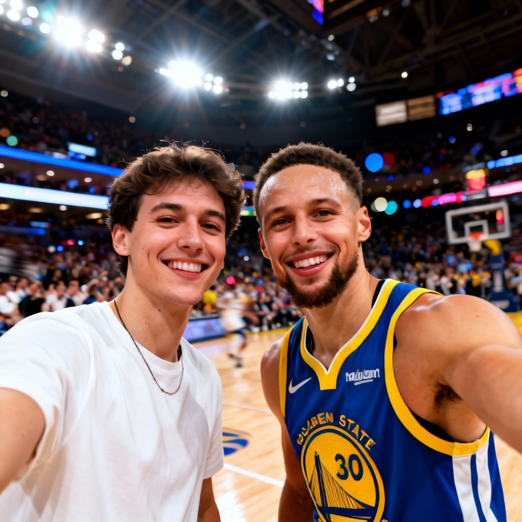 AI sports arena selfie with athlete lookalike