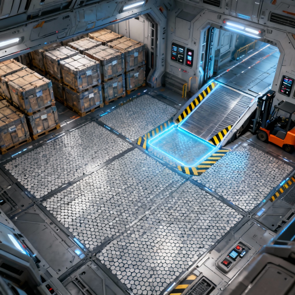 AI starship cargo bay battlemap with hex grid and crates