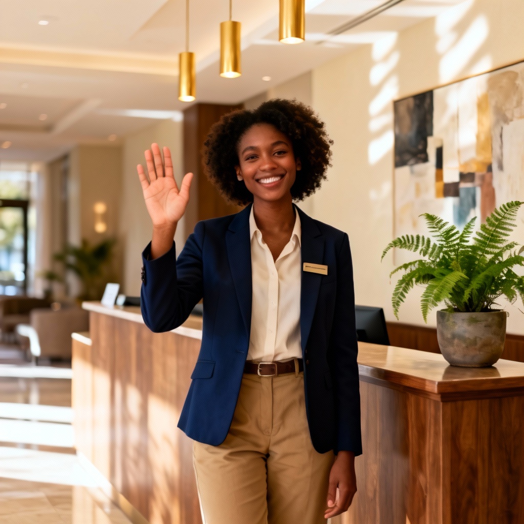 AI generated receptionist giving a friendly wave at a hotel front desk