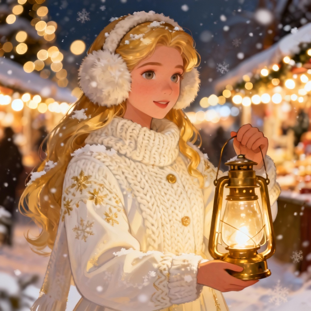 Festive Snow Maiden by winter market lights