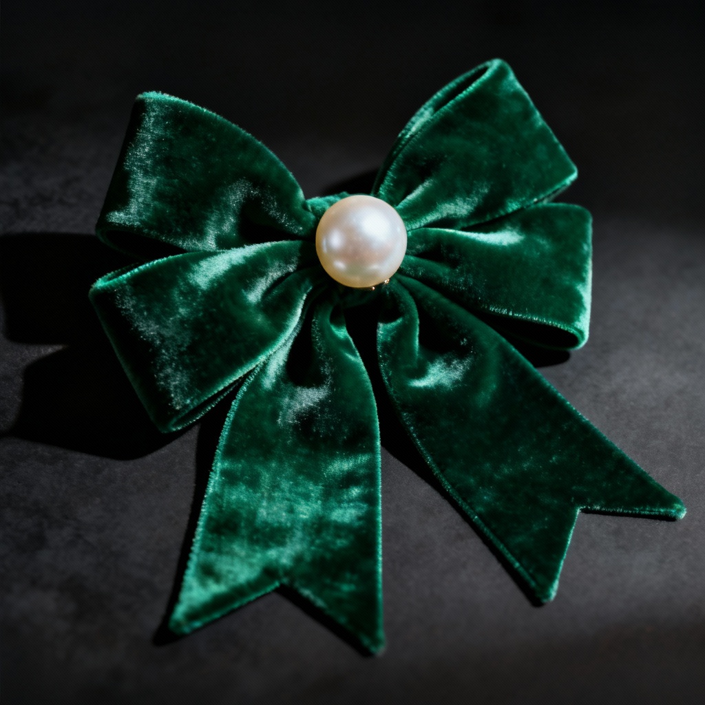 AI emerald velvet bow with pearl center