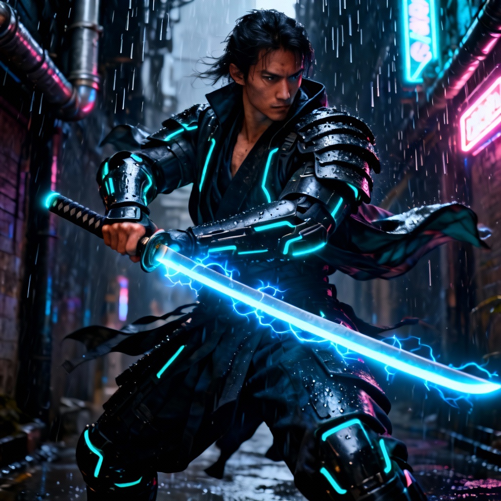 AI-generated cyberpunk ronin game character concept
