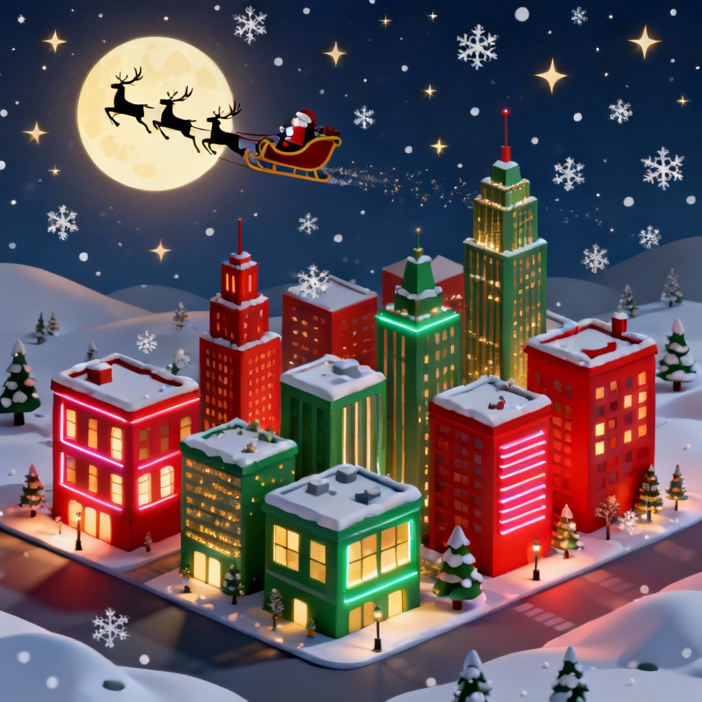 AI Santa sleigh flying over winter city at night