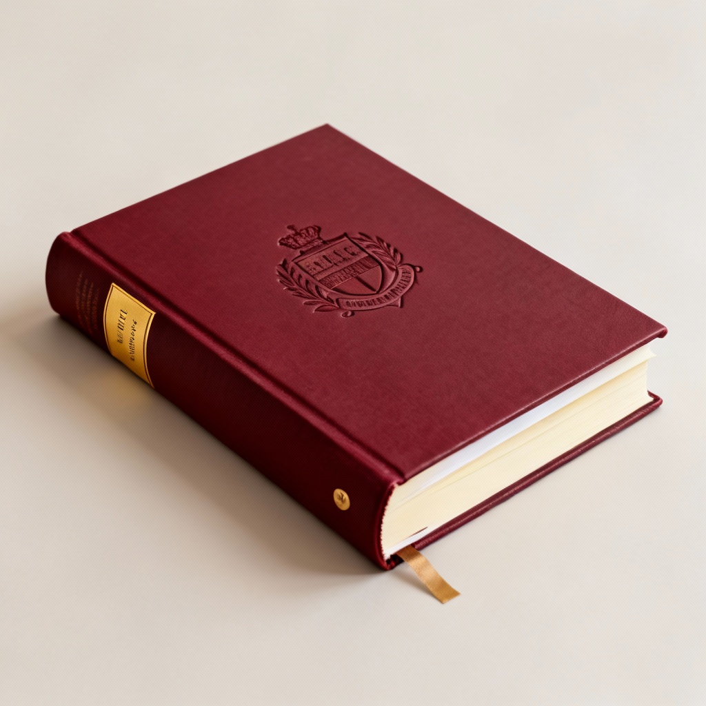 Academic maroon thesis with crest and formal spine labeling