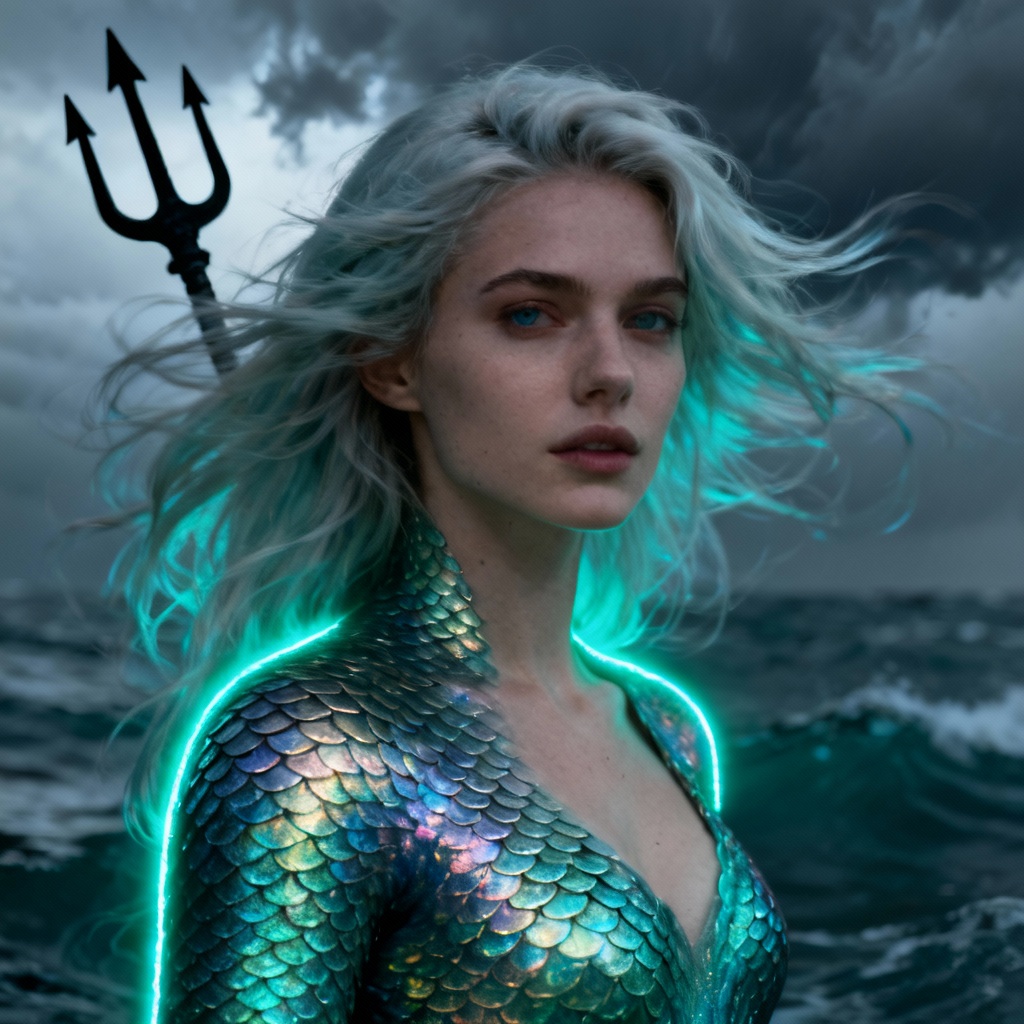 Mermaid avatar maker look with trident and stormy sea lighting