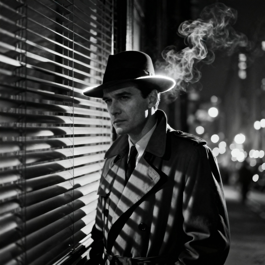 AI film noir detective portrait with venetian blinds shadows