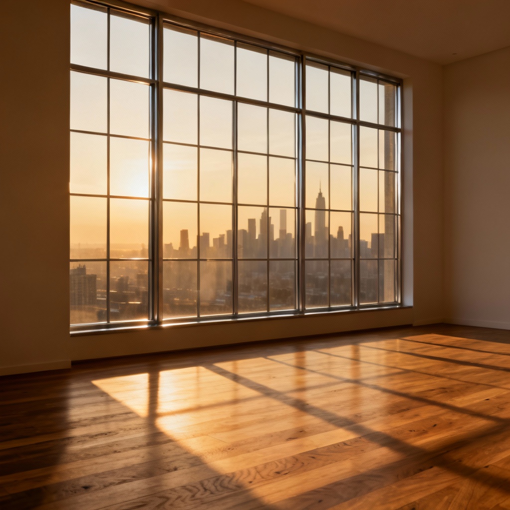 Photorealistic loft interior with floor-to-ceiling casement window at sunset