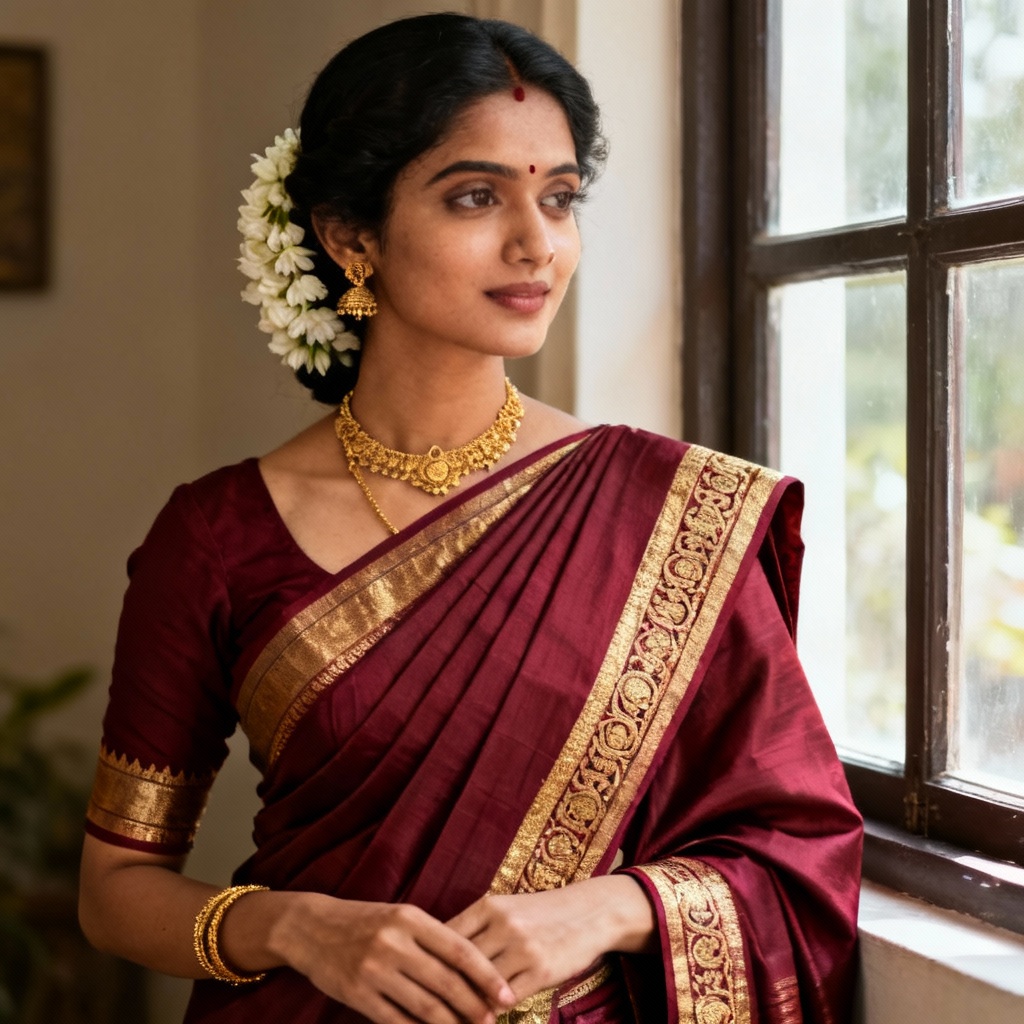 AI maroon Kanjivaram saree with temple border