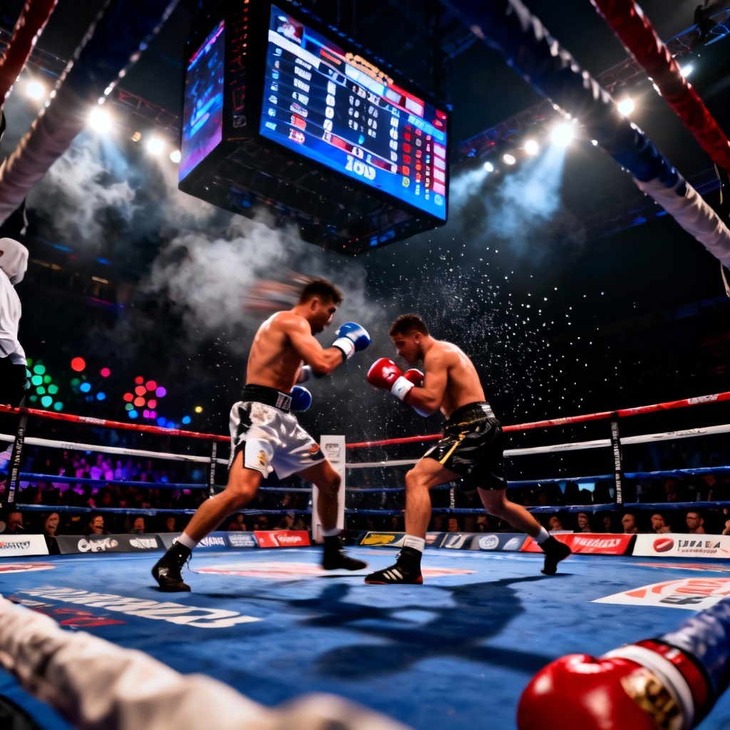 Championship boxing ring in a sold-out arena at night