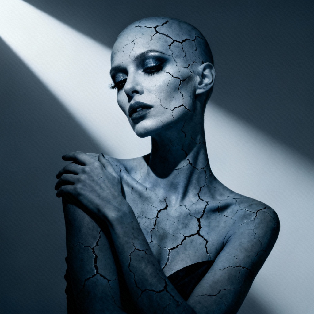 AI fashion portrait with gray-blue undead skin in noir style