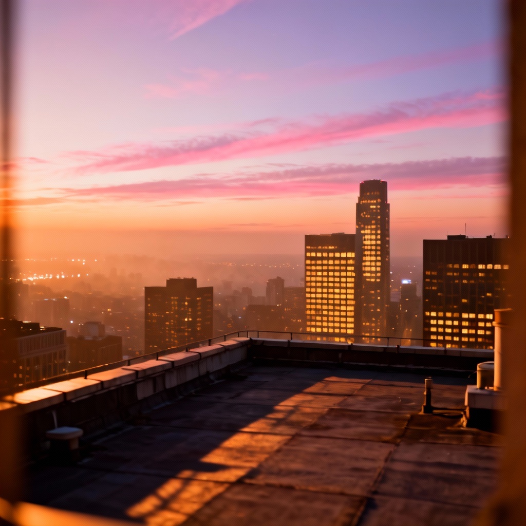 AI dusk rooftop scene with city afterglow