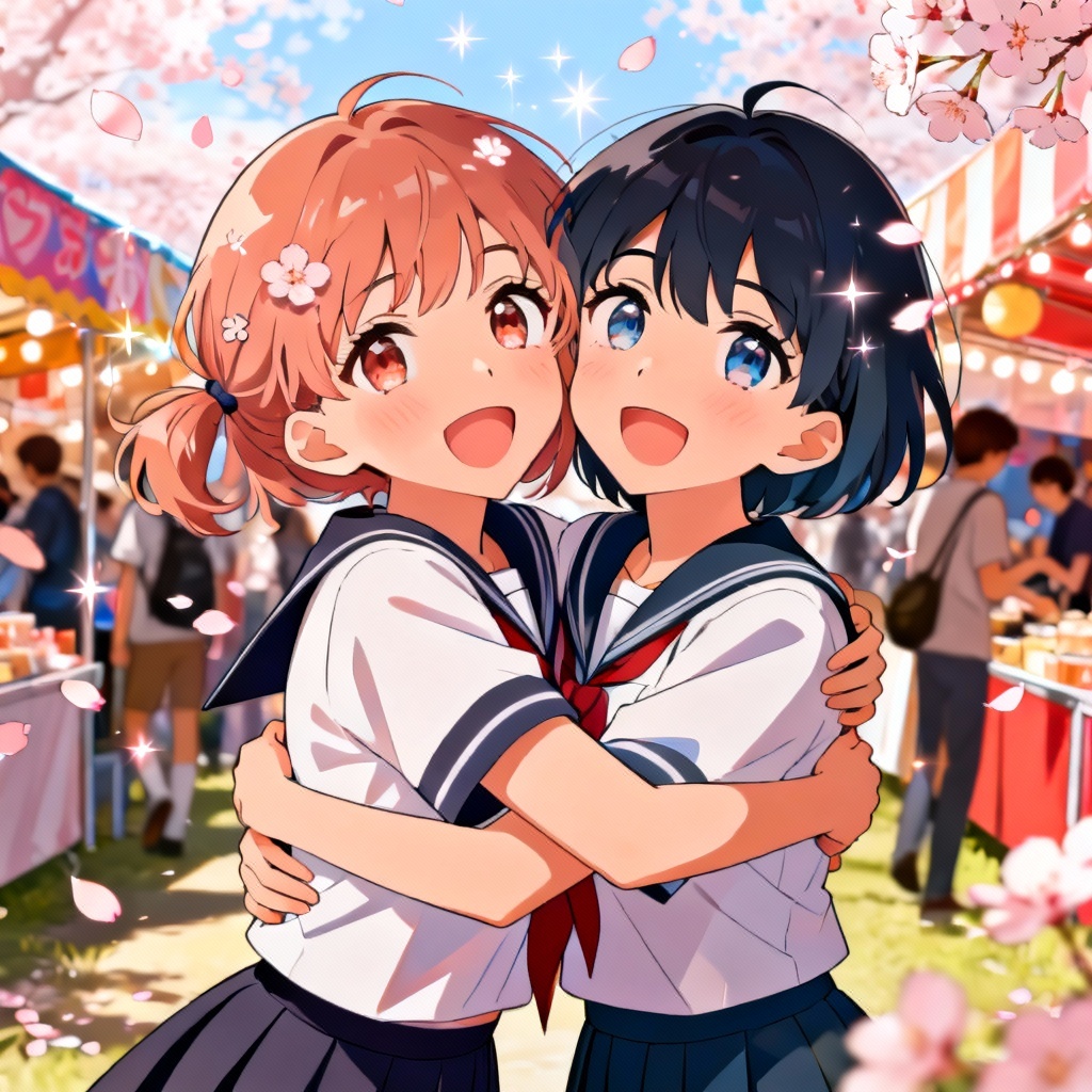 Anime best friends hugging at a festival