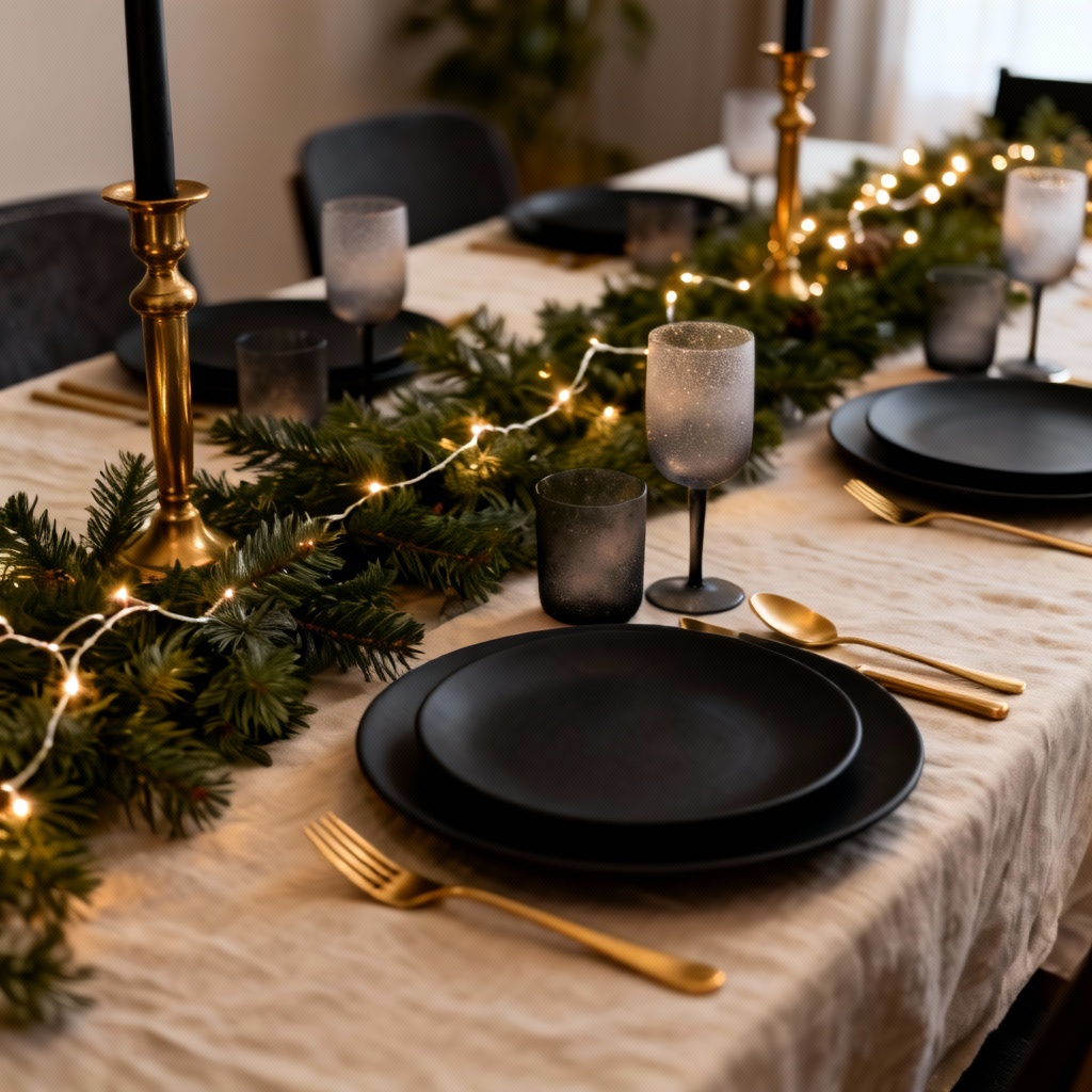 AI Christmas table decoration with candles and evergreen garland
