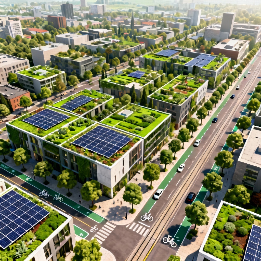 Eco smart city aerial with parks, solar roofs, bike lanes