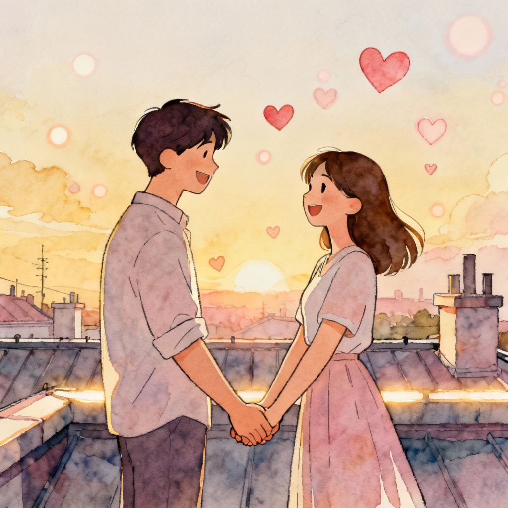 AI love cartoon of couple on rooftop at sunset with heart bokeh