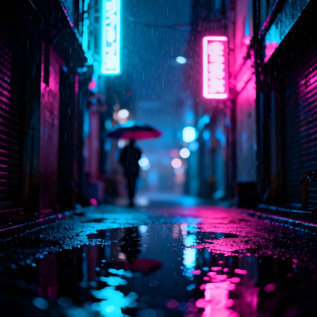 AI cyberpunk rainy street with neon lights and reflections
