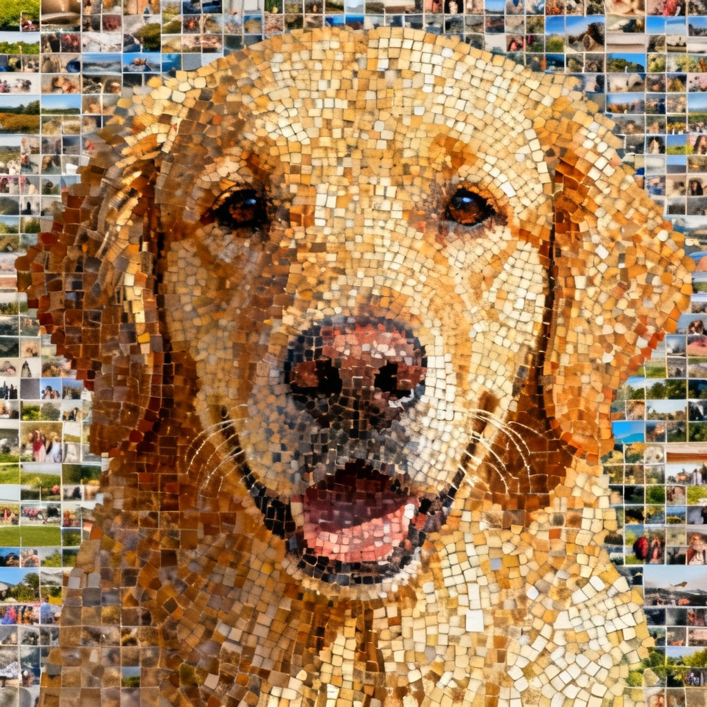 Photo mosaic dog portrait made from many images