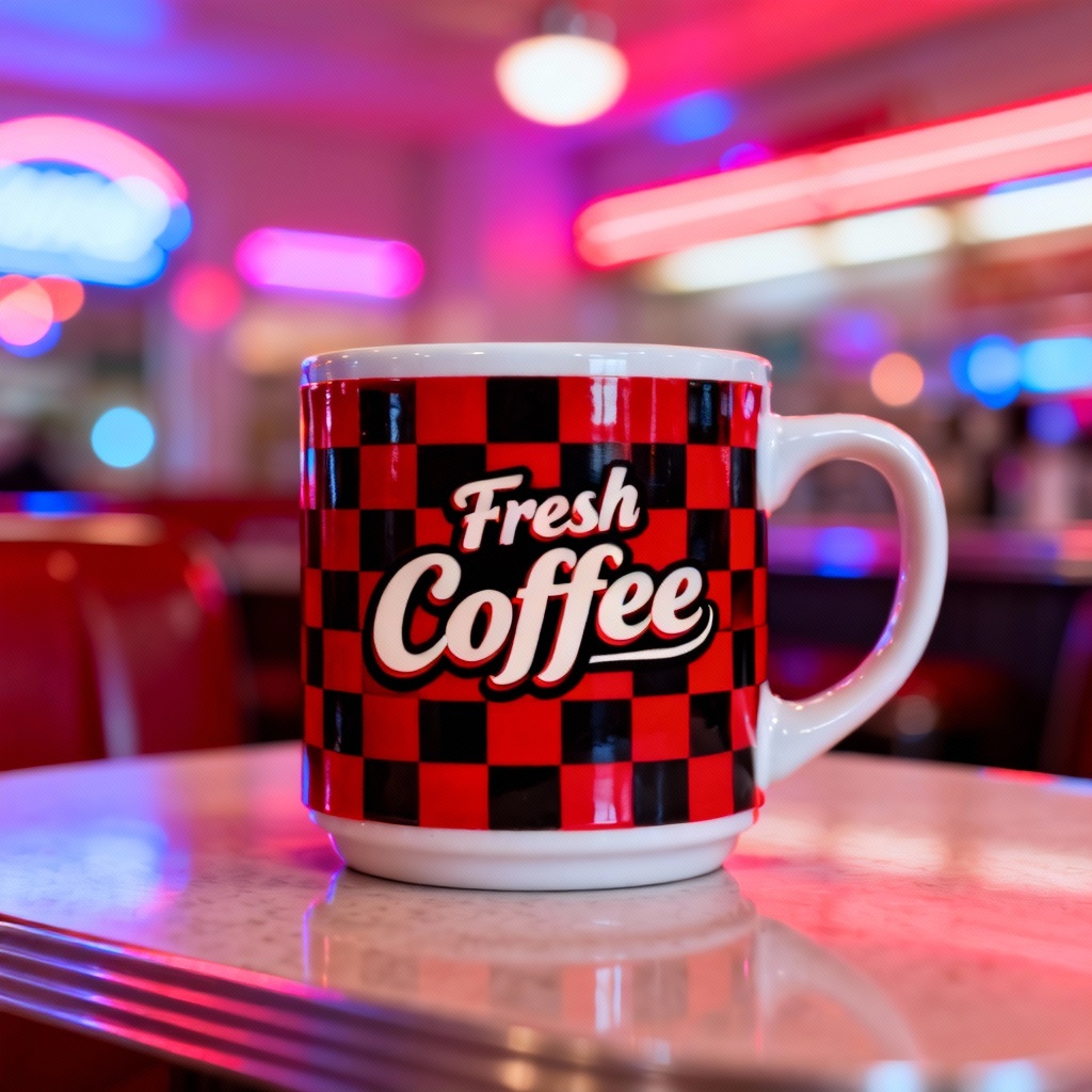 AI retro diner mug with checkerboard wrap and bold typography