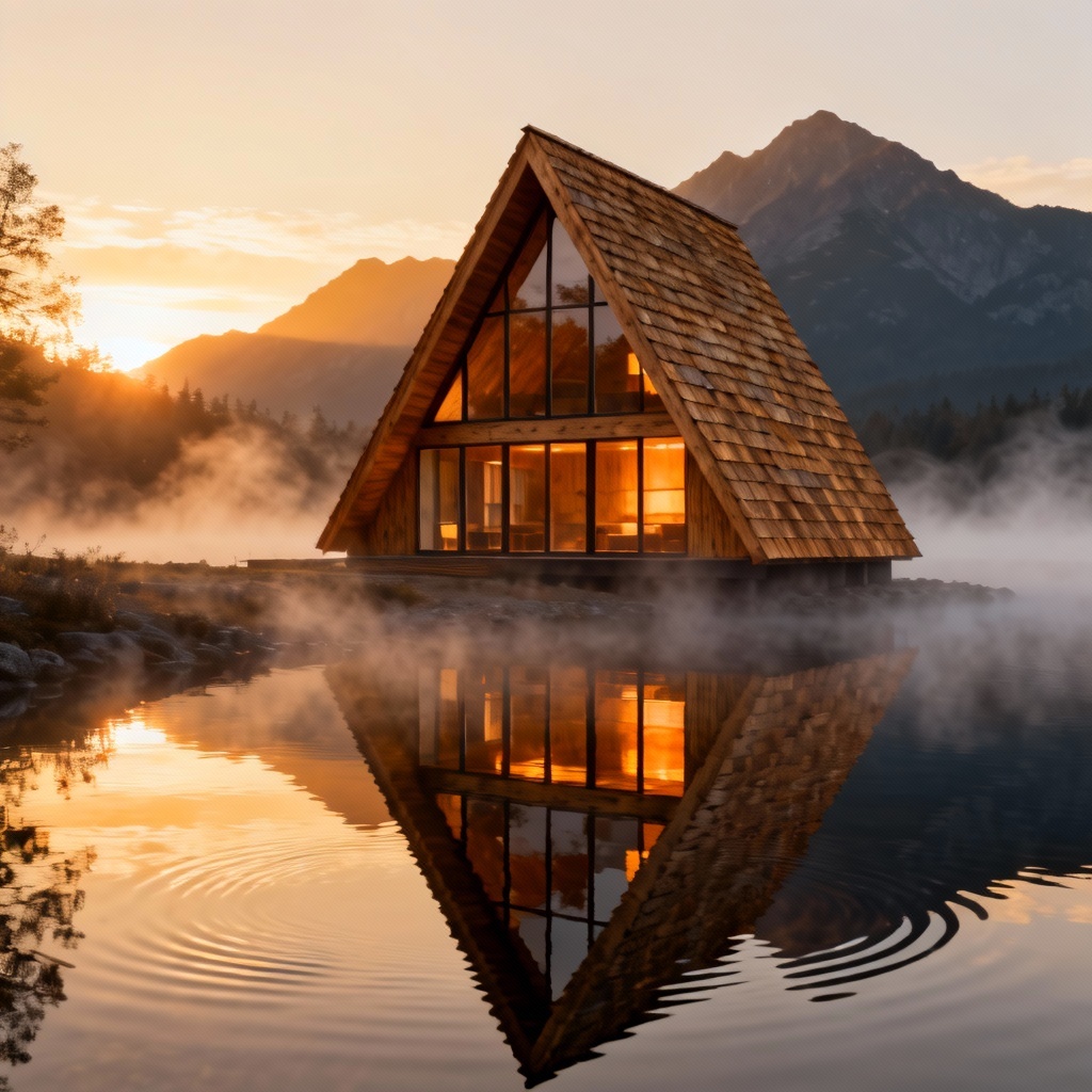 A-frame timber cabin by a calm lake at sunrise
