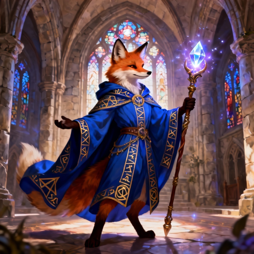 AI anthro fox mage fursona full-body with magic staff