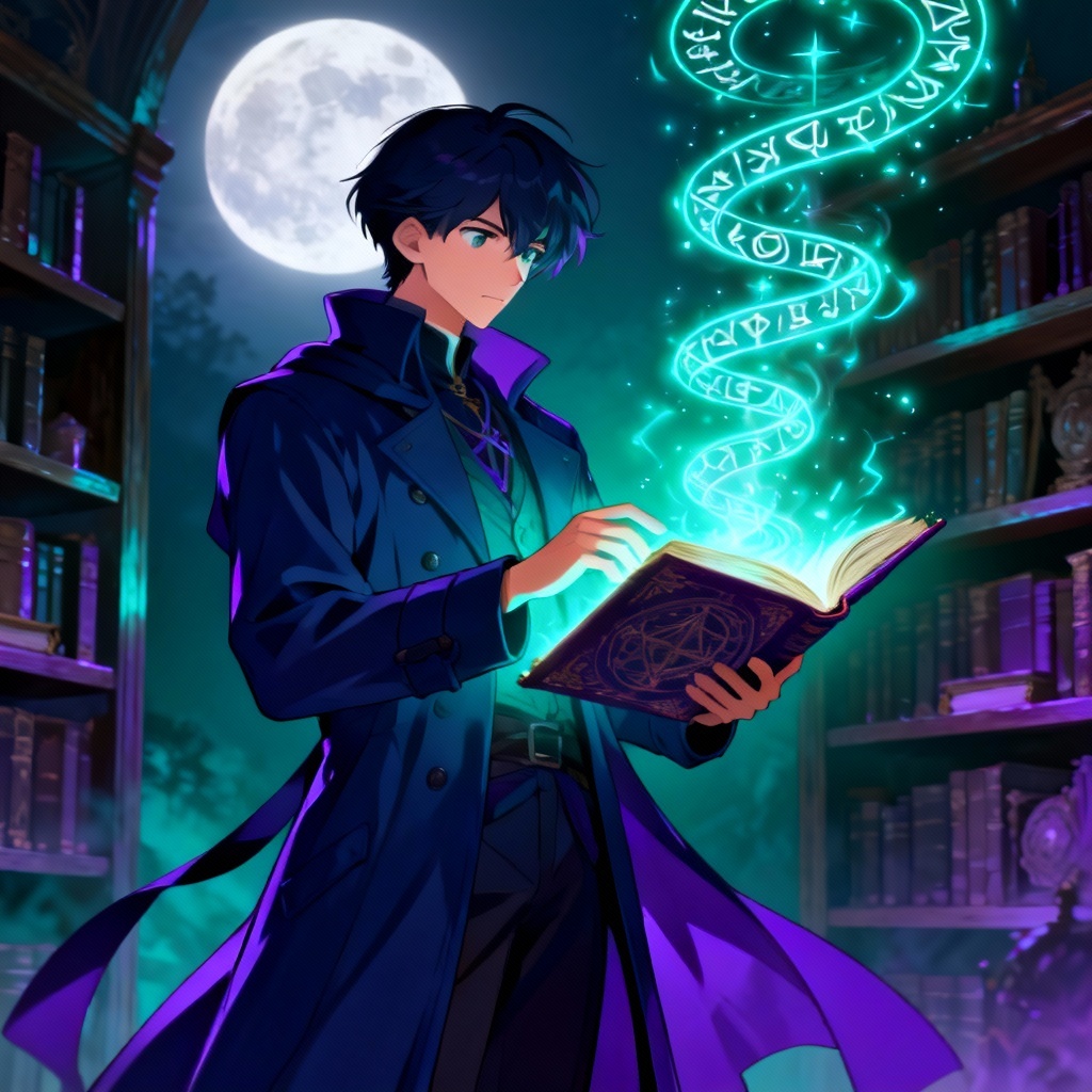 AI isekai mage protagonist reading grimoire