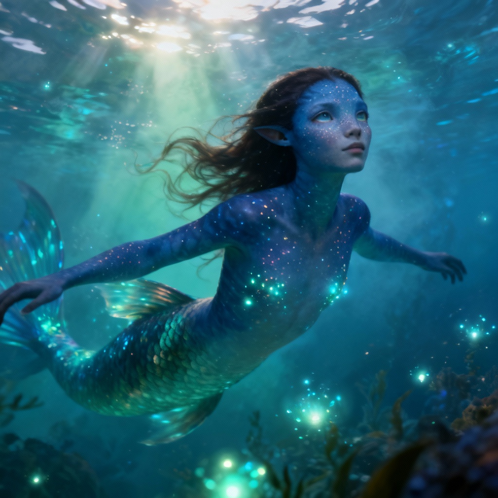 AI merfolk with dusky gray-blue skin and underwater glow