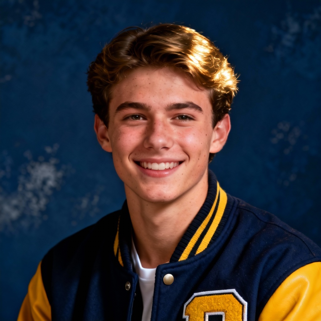 AI varsity jacket senior picture with navy backdrop