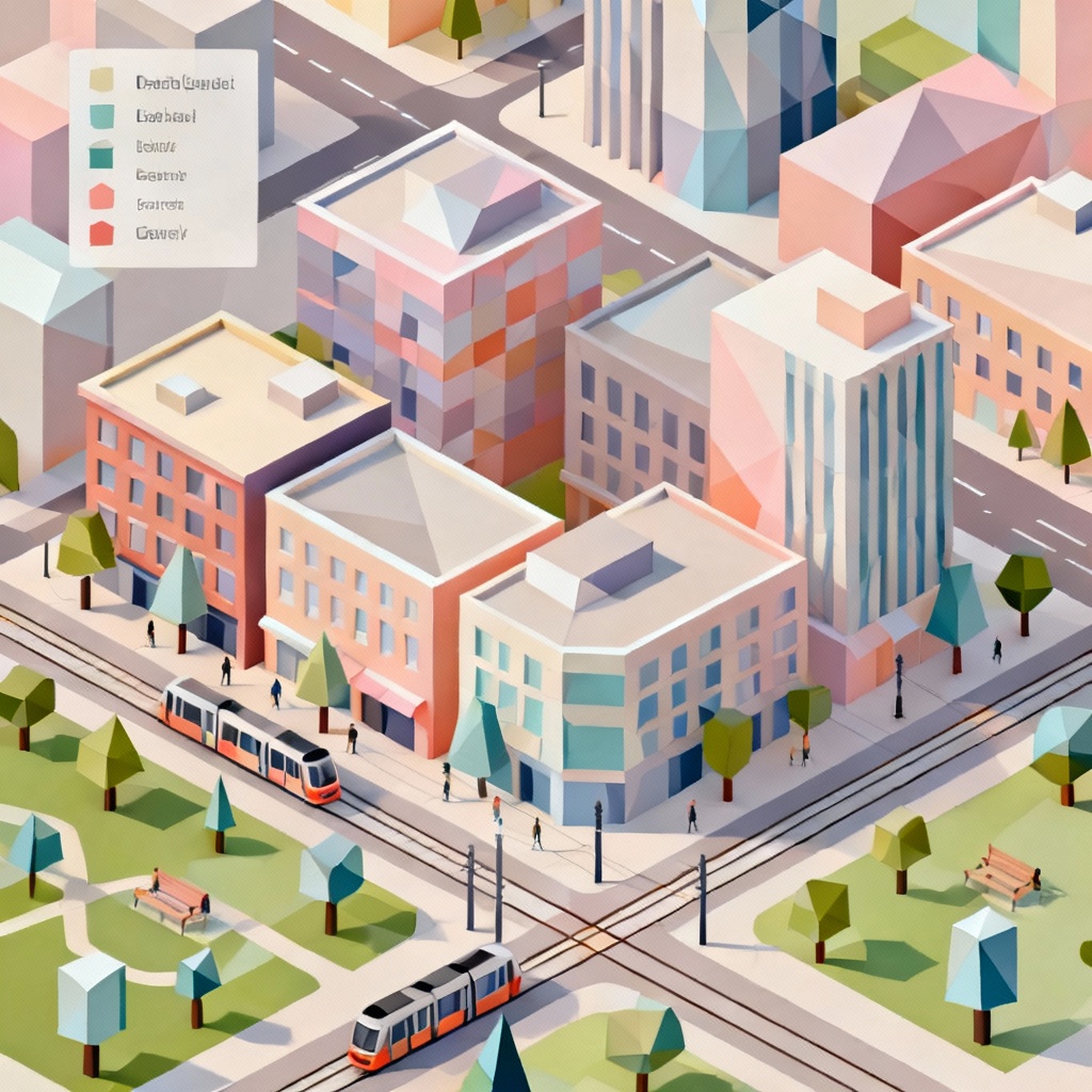 AI isometric pastel low-poly downtown city scene