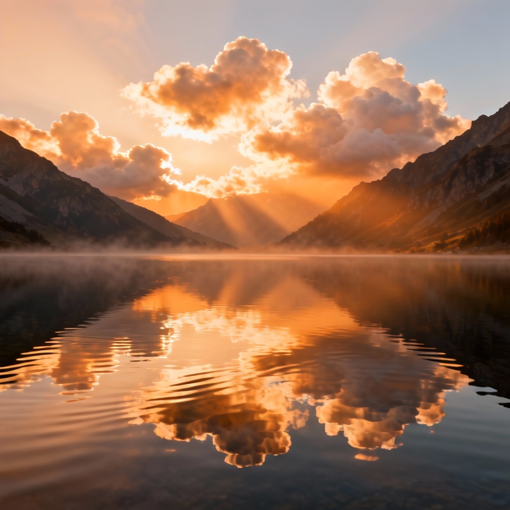 AI fluffy sunset cumulus reflecting on a tranquil lake