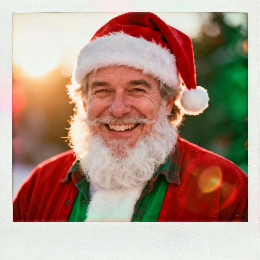 AI retro Santa portrait with Polaroid border and grain