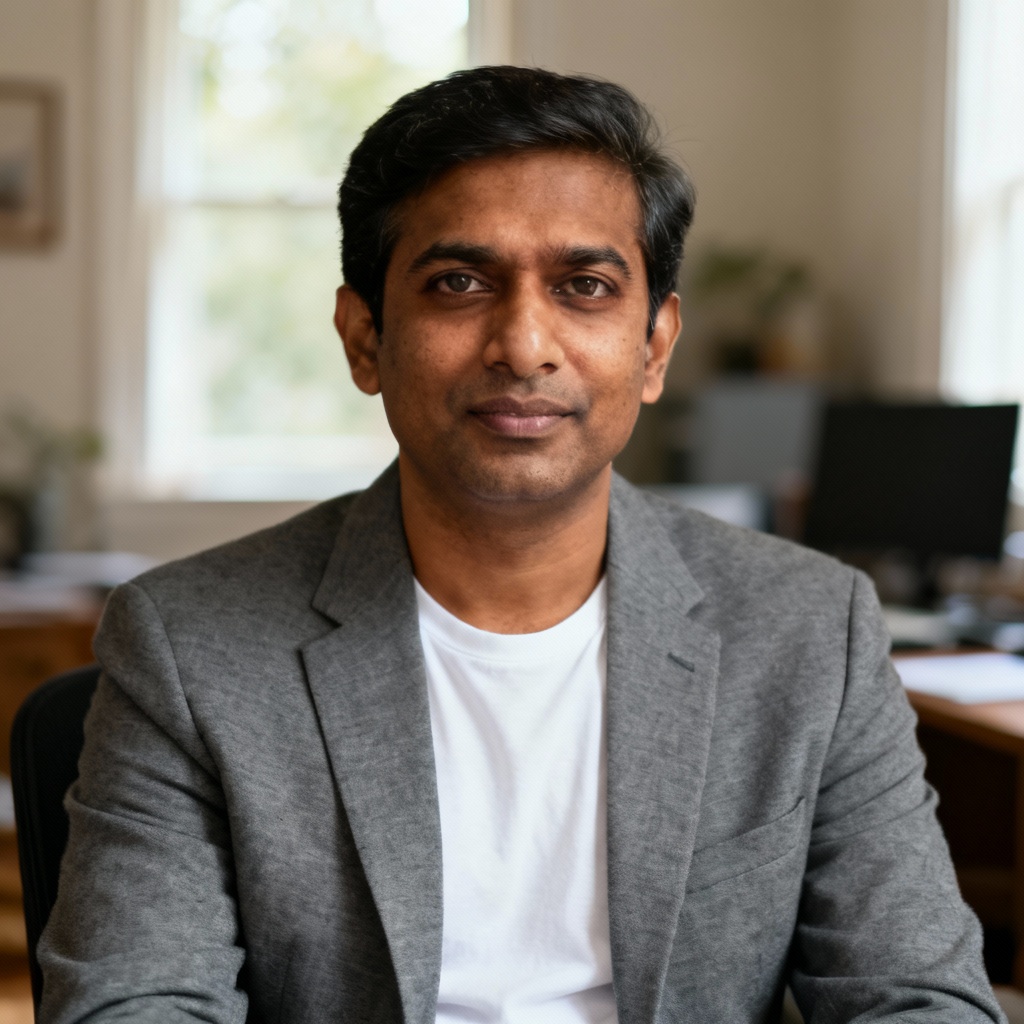 AI LinkedIn headshot with blurred home office background