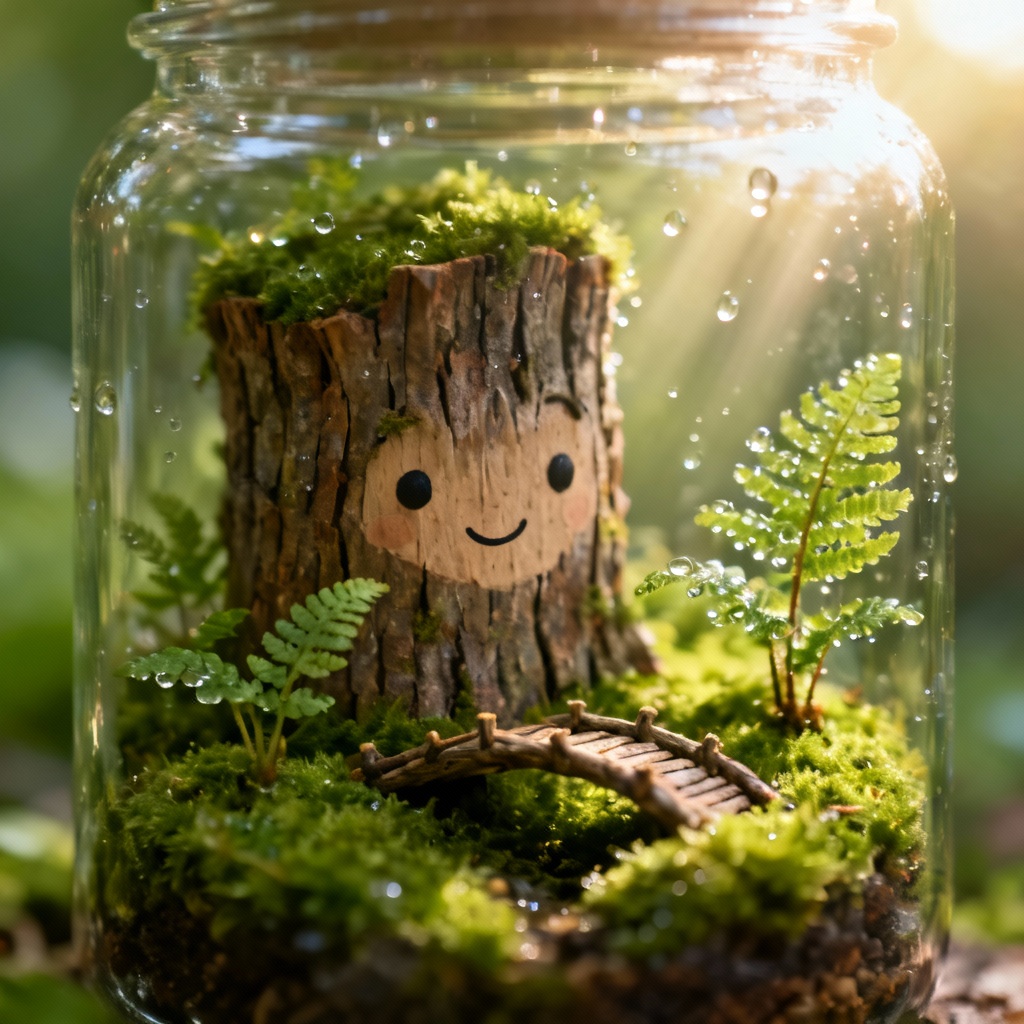 AI tiny world selfie inside a forest terrarium jar