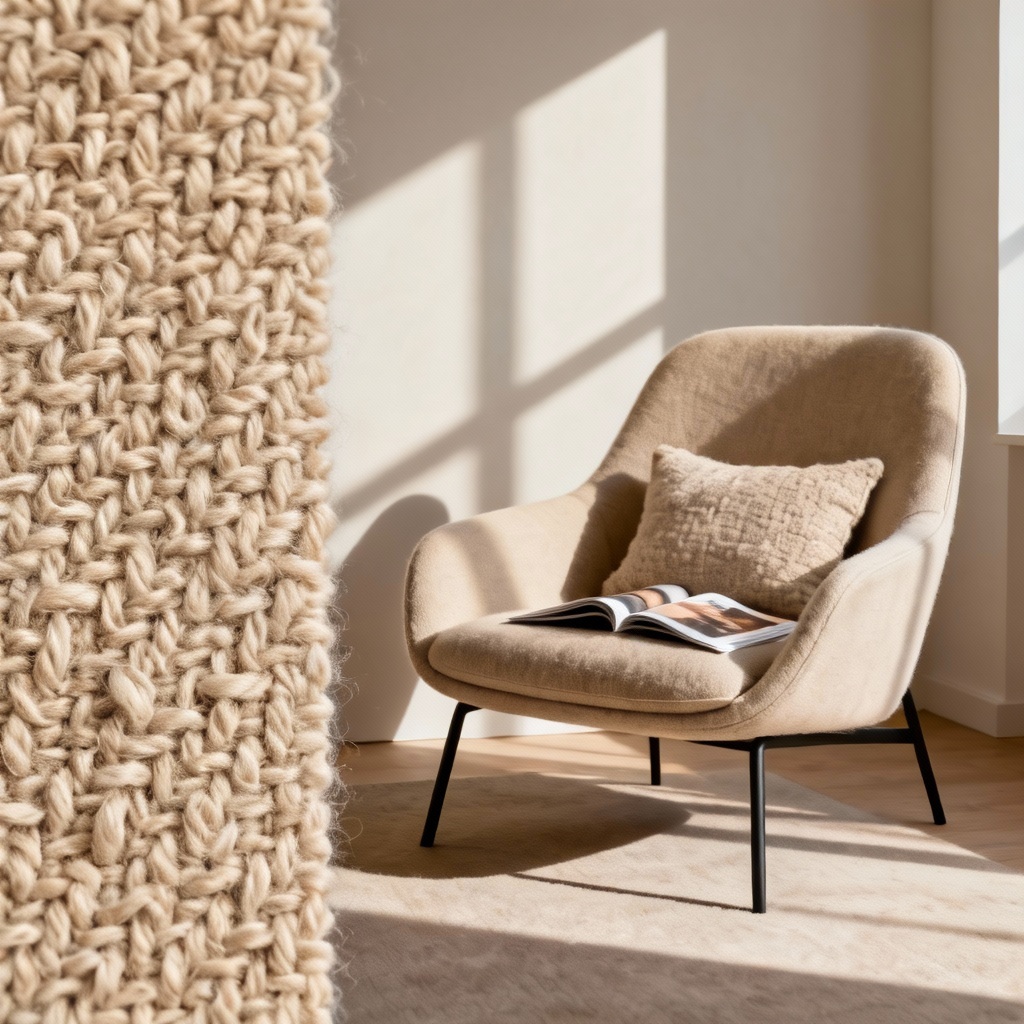 Boucle wool upholstery swatch on chair mockup