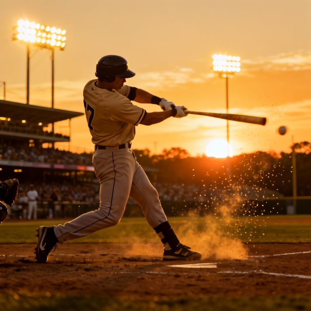 AI baseball action poster at sunset