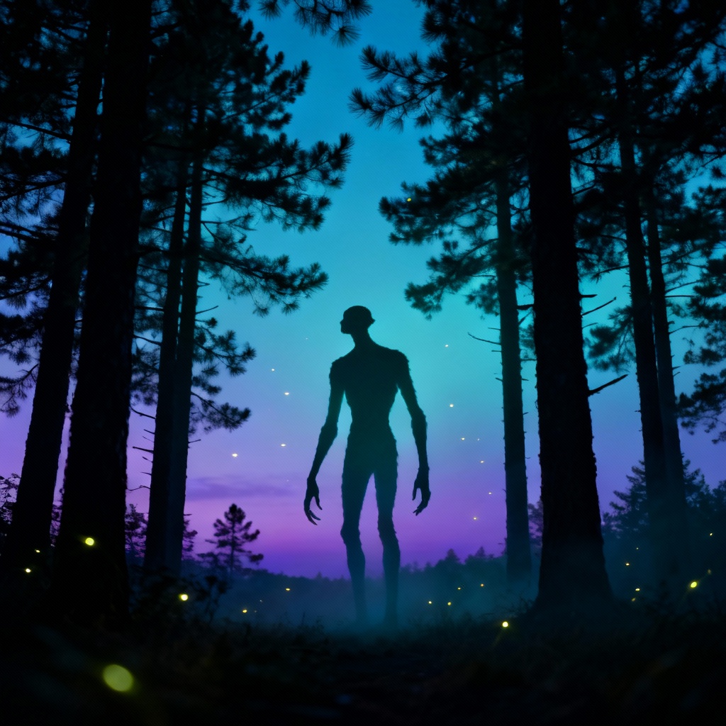 AI horror creature silhouette in a twilight forest