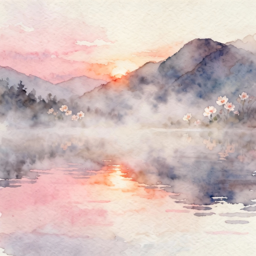 AI watercolor painting of a serene mountain lake at sunrise