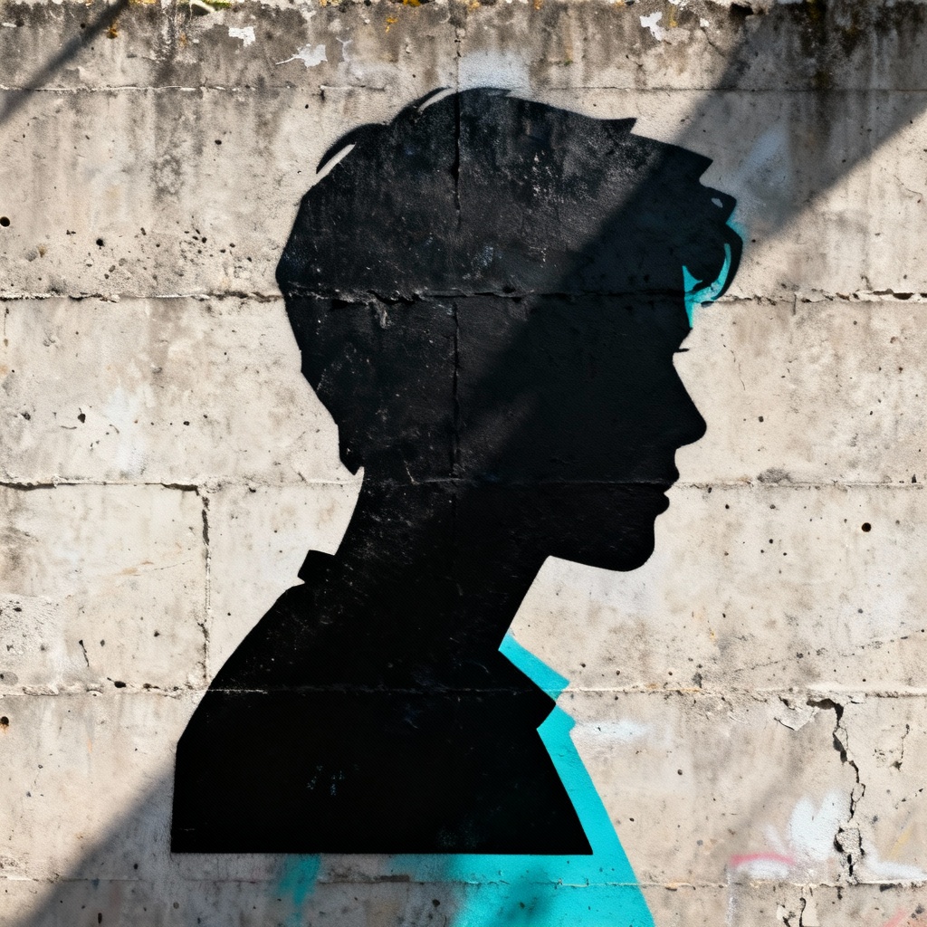 AI stencil graffiti on raw concrete wall