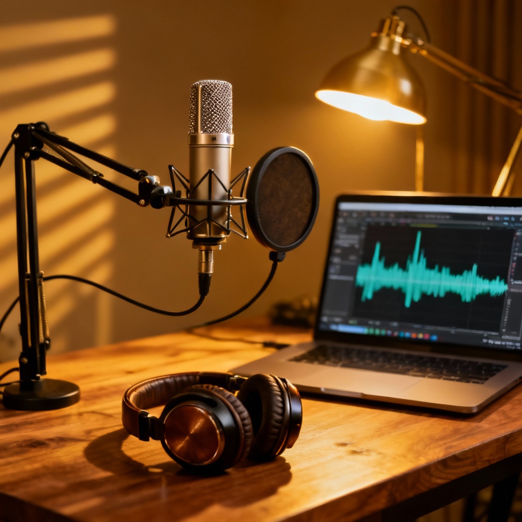 AI podcast microphone setup with boom arm and laptop