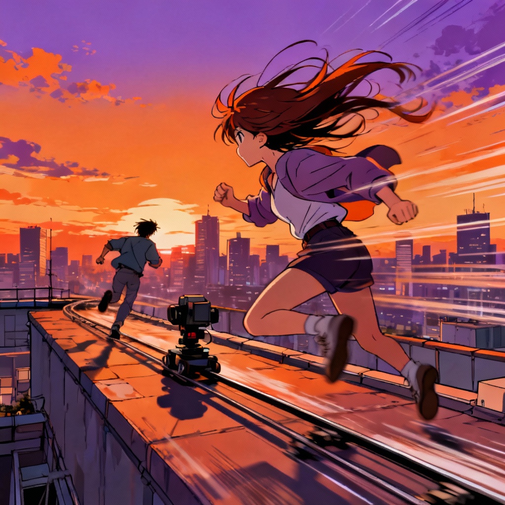 Anime rooftop chase animated scene at sunset