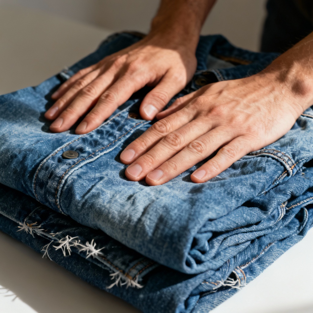 Hands pressing denim fabric showing weave texture and contact wrinkles