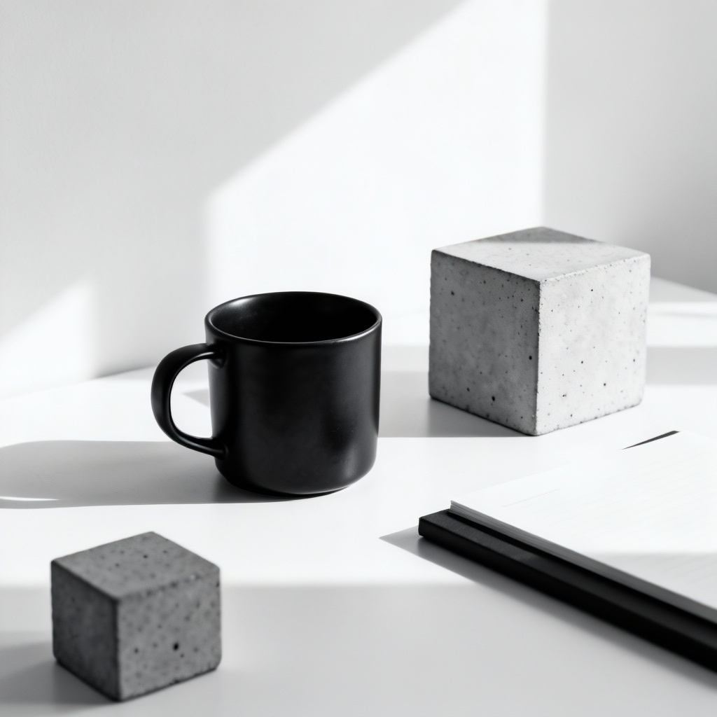 AI minimalistic black and white desk scene with geometric shapes