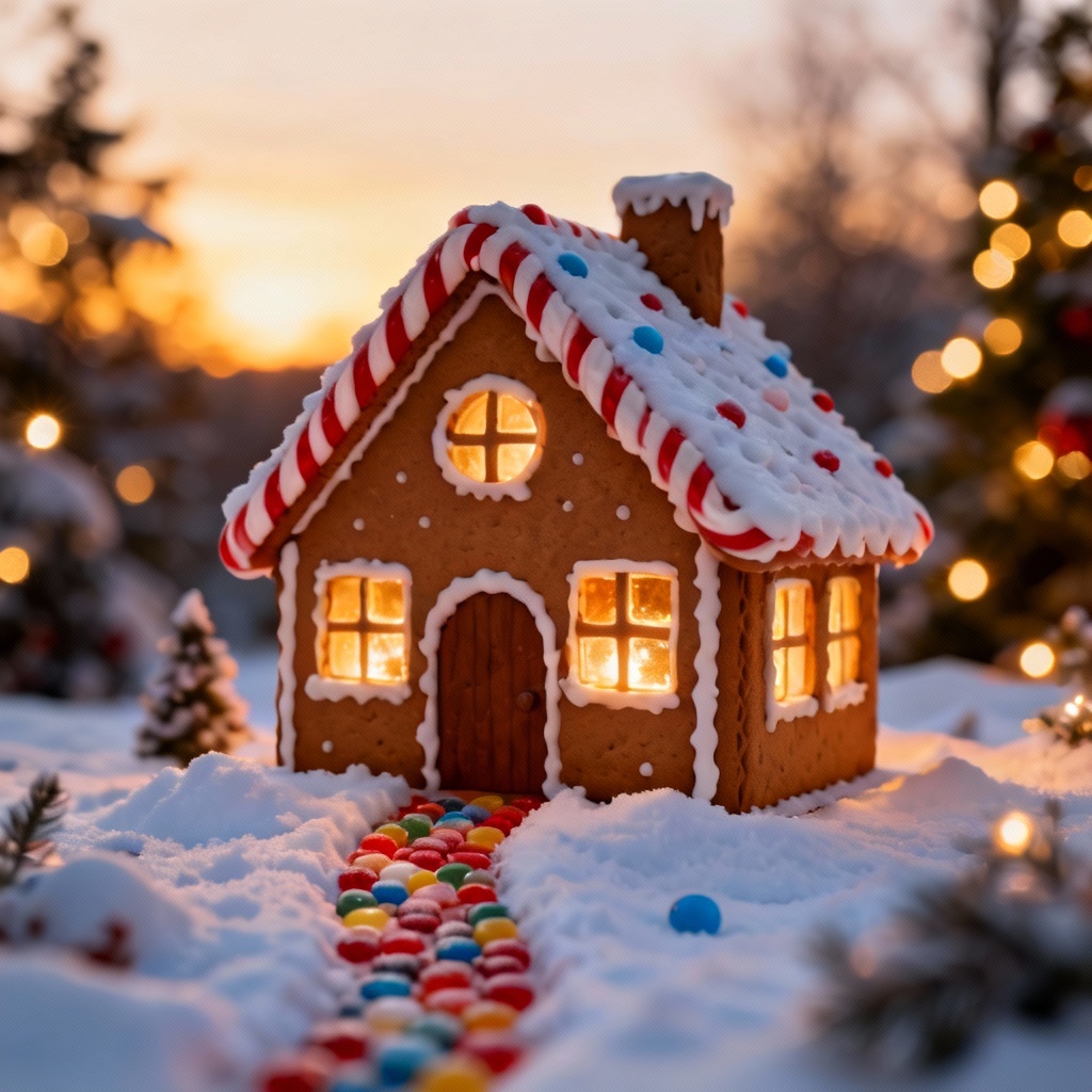 AI gingerbread house with candy cane roof and gumdrop path in snowy scene